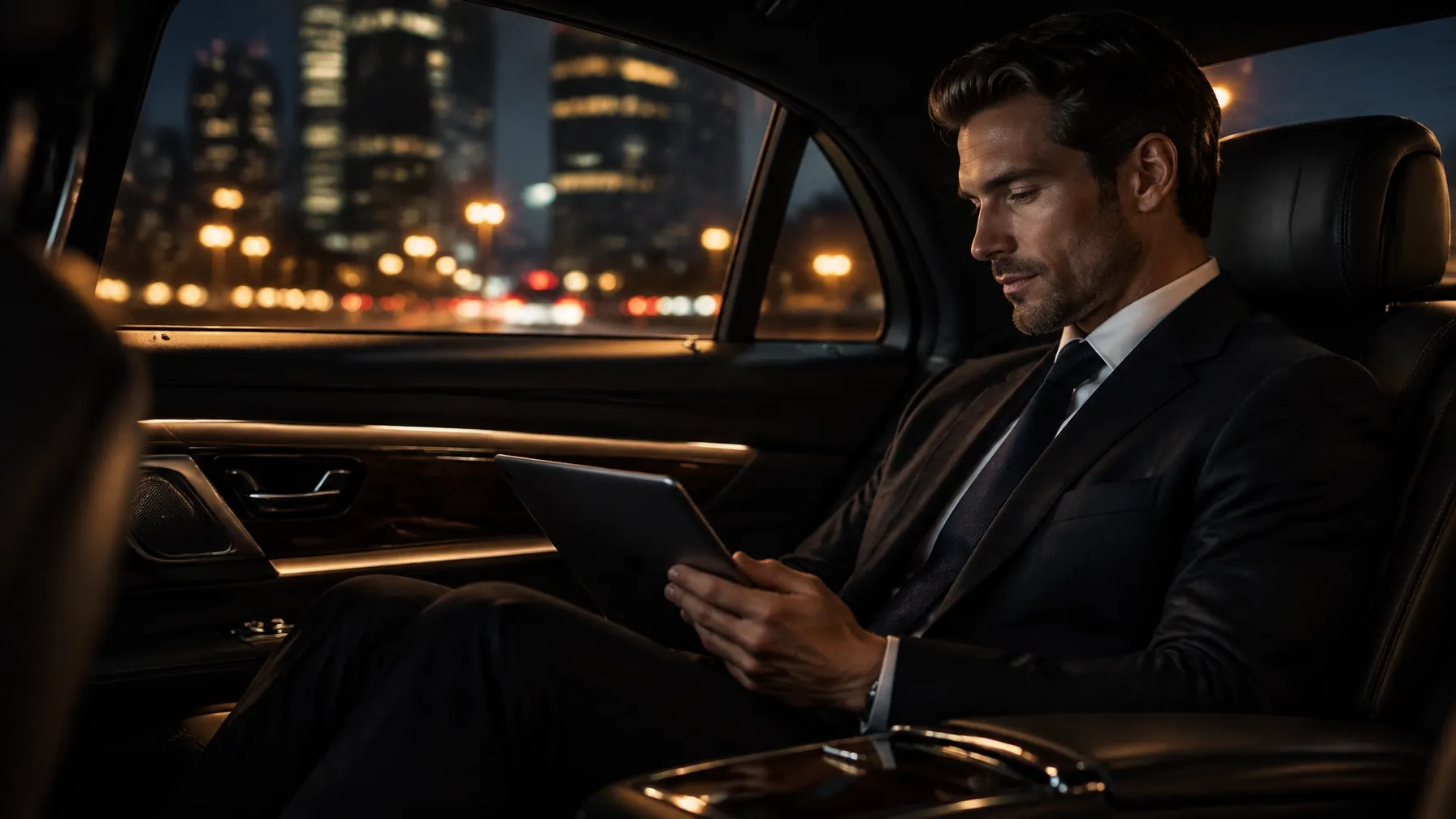 An executive reviewing a tablet in the quiet interior of a black sedan