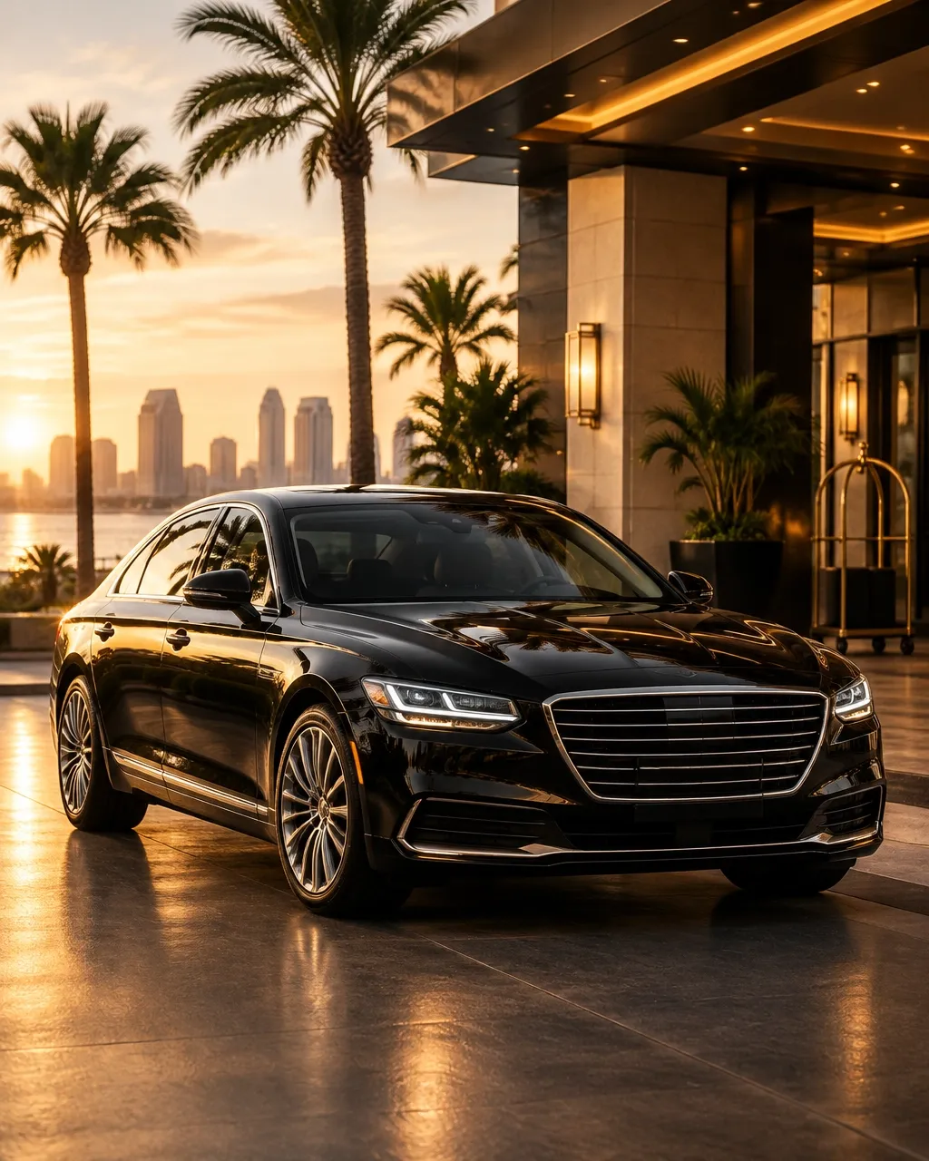 Black executive sedan ready for private chauffeur travel